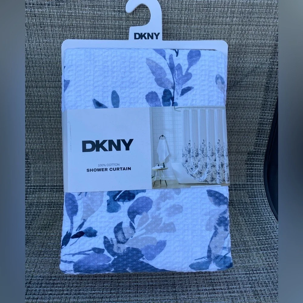DKNY Floral Silhouette Waffle White Blue Cotton Fabric Shower Curtain 72